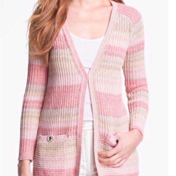 Tory Burch Erin Cardigan Pink Stripes - Picture 2 of 9